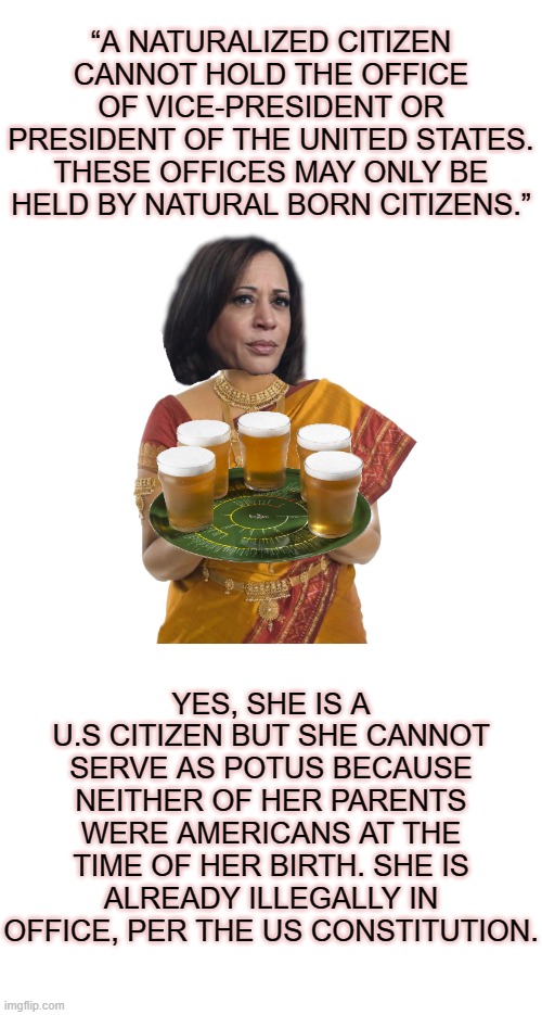 “A NATURALIZED CITIZEN CANNOT HOLD THE OFFICE OF VICE-PRESIDENT OR PRESIDENT OF THE UNITED STATES. THESE OFFICES MAY ONLY BE HELD BY NATURAL BORN CITIZENS.”; YES, SHE IS A U.S CITIZEN BUT SHE CANNOT SERVE AS POTUS BECAUSE NEITHER OF HER PARENTS WERE AMERICANS AT THE TIME OF HER BIRTH. SHE IS ALREADY ILLEGALLY IN OFFICE, PER THE US CONSTITUTION. | image tagged in illegal representative kamala harris,resident vice president,resident president,maritime law,hold my tray of beer | made w/ Imgflip meme maker