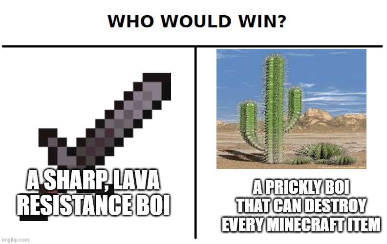 Who would win | A SHARP, LAVA RESISTANCE BOI; A PRICKLY BOI THAT CAN DESTROY EVERY MINECRAFT ITEM | image tagged in who would win | made w/ Imgflip meme maker