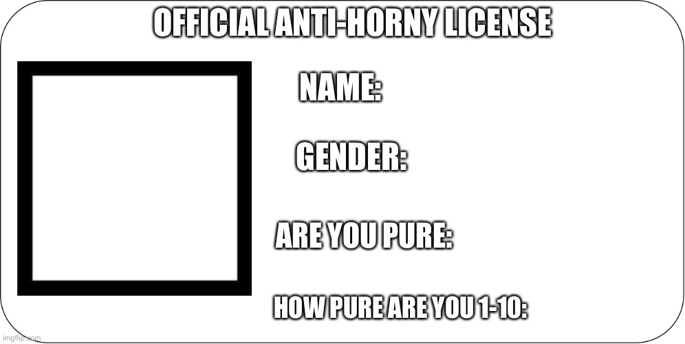 Anti-Horny license | OFFICIAL ANTI-HORNY LICENSE; NAME:; GENDER:; ARE YOU PURE:; HOW PURE ARE YOU 1-10: | image tagged in idk | made w/ Imgflip meme maker