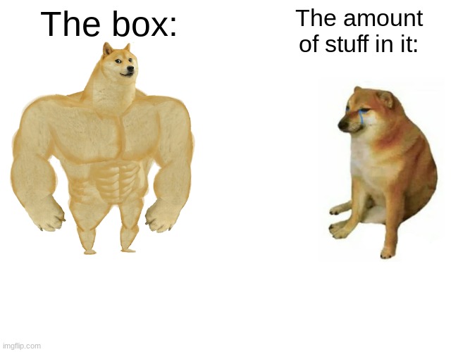 Buff Doge vs. Cheems | The box:; The amount of stuff in it: | image tagged in memes,buff doge vs cheems | made w/ Imgflip meme maker