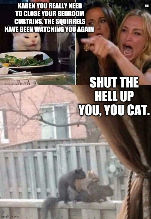 J M; KAREN YOU REALLY NEED TO CLOSE YOUR BEDROOM CURTAINS. THE SQUIRRELS HAVE BEEN WATCHING YOU AGAIN; SHUT THE HELL UP YOU, YOU CAT. | image tagged in reverse smudge and karen | made w/ Imgflip meme maker