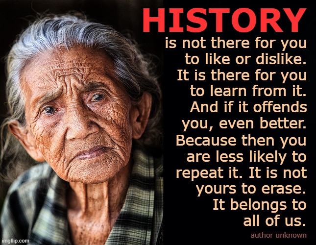 The purpose and duty of history | HISTORY; is not there for you
to like or dislike.
It is there for you
 to learn from it.
And if it offends
you, even better. Because then you
are less likely to
repeat it. It is not
yours to erase.
It belongs to
all of us. author unknown | image tagged in history,purpose,duty,human race,wisdom,snowflake | made w/ Imgflip meme maker