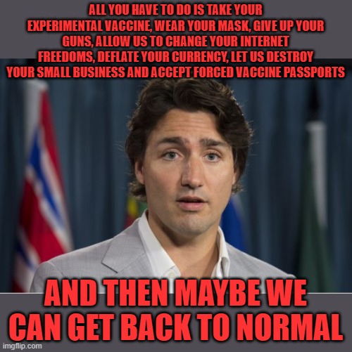 Trudeau's New Normal | ALL YOU HAVE TO DO IS TAKE YOUR EXPERIMENTAL VACCINE, WEAR YOUR MASK, GIVE UP YOUR GUNS, ALLOW US TO CHANGE YOUR INTERNET FREEDOMS, DEFLATE YOUR CURRENCY, LET US DESTROY YOUR SMALL BUSINESS AND ACCEPT FORCED VACCINE PASSPORTS; AND THEN MAYBE WE CAN GET BACK TO NORMAL | image tagged in justin trudeau | made w/ Imgflip meme maker