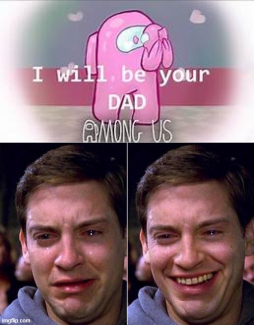 So sad, yet so cute.. | image tagged in peter parker sad cry happy cry,among us,crewmate,mini crewmate,wholesome,adorable | made w/ Imgflip meme maker