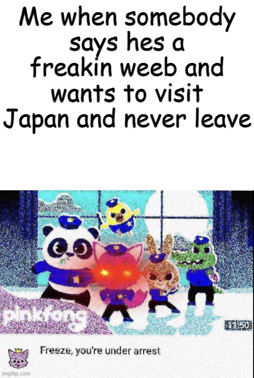 I just found this template in my journey of digging in this stream | Me when somebody says hes a freakin weeb and wants to visit Japan and never leave | image tagged in freeze you're under arrest deep-fried | made w/ Imgflip meme maker