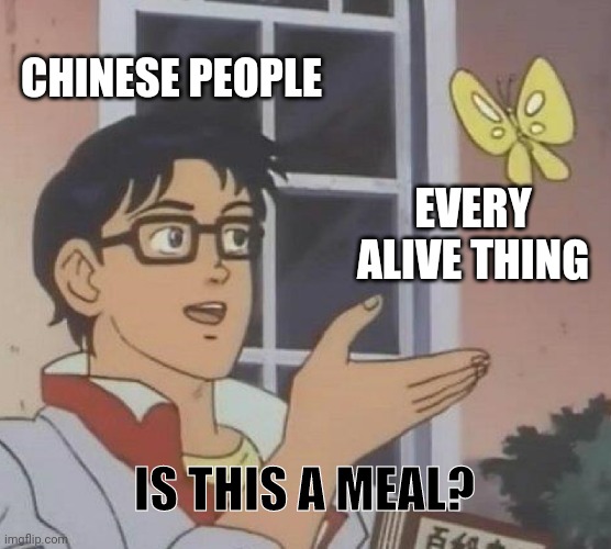 Is This A Pigeon Meme | CHINESE PEOPLE; EVERY ALIVE THING; IS THIS A MEAL? | image tagged in memes,is this a pigeon,chinese | made w/ Imgflip meme maker