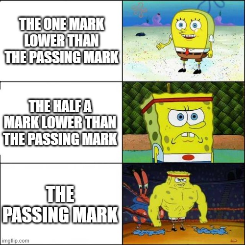 Spongebob strong | THE ONE MARK LOWER THAN THE PASSING MARK; THE HALF A MARK LOWER THAN THE PASSING MARK; THE PASSING MARK | image tagged in spongebob strong | made w/ Imgflip meme maker