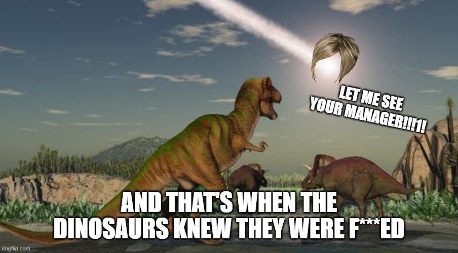Major Oh sh*t Moment! | LET ME SEE YOUR MANAGER!!!1! AND THAT'S WHEN THE DINOSAURS KNEW THEY WERE F***ED | image tagged in dinosaurs meteor,karen | made w/ Imgflip meme maker