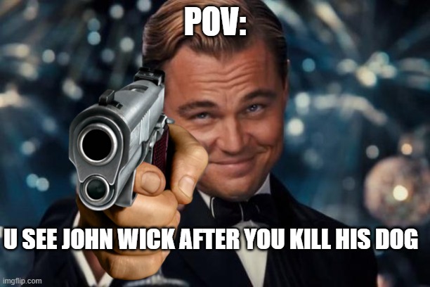 Leonardo Dicaprio Cheers Meme | POV:; U SEE JOHN WICK AFTER YOU KILL HIS DOG | image tagged in memes,leonardo dicaprio cheers | made w/ Imgflip meme maker