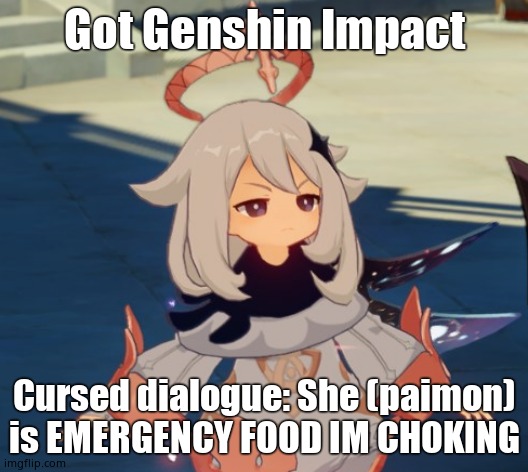 Genshin Impact Paimon | Got Genshin Impact; Cursed dialogue: She (paimon) is EMERGENCY FOOD IM CHOKING | image tagged in genshin impact paimon | made w/ Imgflip meme maker