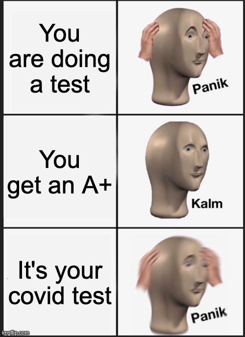 Panik Kalm Panik Meme | You are doing a test; You get an A+; It's your covid test | image tagged in memes,panik kalm panik | made w/ Imgflip meme maker