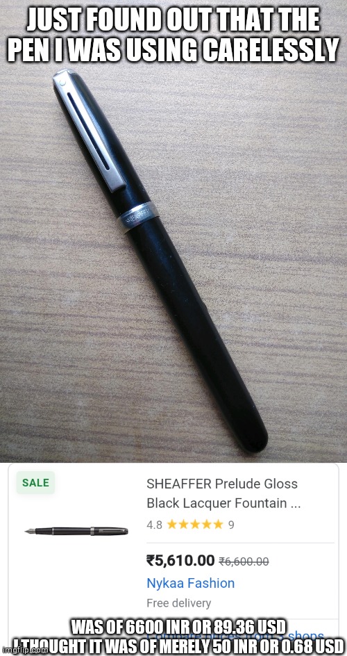 JUST FOUND OUT THAT THE PEN I WAS USING CARELESSLY; WAS OF 6600 INR OR 89.36 USD
I THOUGHT IT WAS OF MERELY 50 INR OR 0.68 USD | image tagged in sheaffer ink fountain pen | made w/ Imgflip meme maker