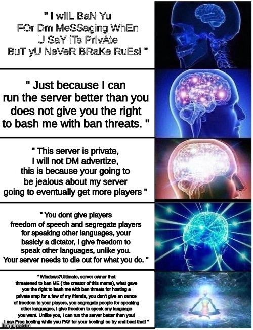 People with common sence vs people who's IQ is -100 |  " I wIlL BaN Yu FOr Dm MeSSaging WhEn U SaY iTs PrIvAte BuT yU NeVeR BRaKe RuEs! "; " Just because I can run the server better than you does not give you the right to bash me with ban threats. "; " This server is private, I will not DM advertize, this is because your going to be jealous about my server going to eventually get more players "; " You dont give players freedom of speech and segregate players for speaking other languages, your basicly a dictator, I give freedom to speak other languages, unlike you. Your server needs to die out for what you do. "; " Windows7Ultimate, server owner that threatened to ban ME ( the creator of this meme), what gave you the right to bash me with ban threats for hosting a private smp for a few of my friends, you don't give an ounce of freedom to your players, you segregate people for speaking other languages, I give freedom to speak any language you want. Unlike you, I can run the server better than you! I use Free hosting while you PAY for your hosting! so try and beat that! " | image tagged in expanding brain 5 panel,stupid people be like,smart people be like | made w/ Imgflip meme maker