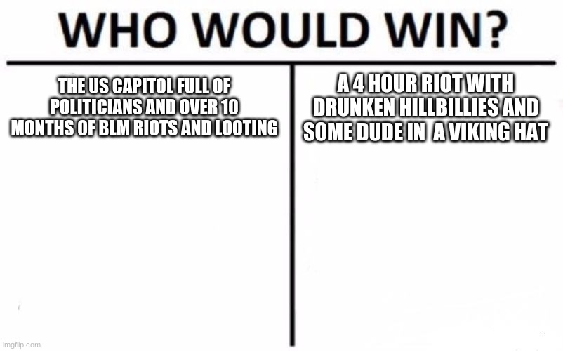 Who Would Win? Meme | THE US CAPITOL FULL OF POLITICIANS AND OVER 10 MONTHS OF BLM RIOTS AND LOOTING A 4 HOUR RIOT WITH DRUNKEN HILLBILLIES AND SOME DUDE IN  A VI | image tagged in memes,who would win | made w/ Imgflip meme maker