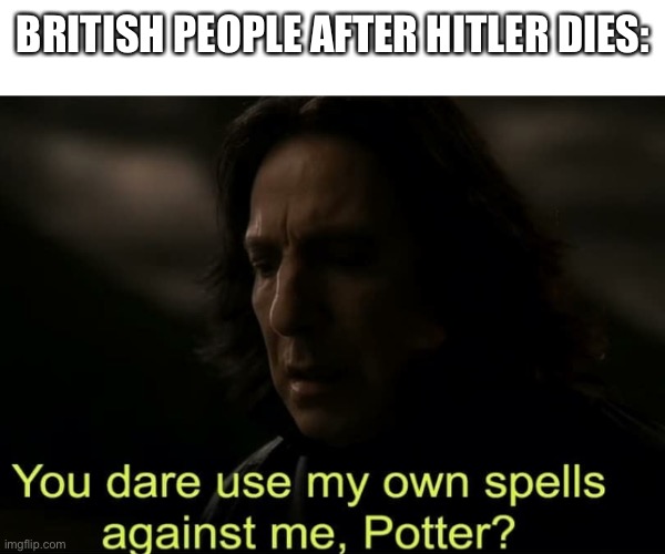 You dare use my own spells against me, Potter? | BRITISH PEOPLE AFTER HITLER DIES: | image tagged in you dare use my own spells against me potter | made w/ Imgflip meme maker