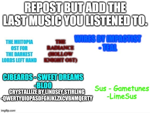 Repost but add the last music you listened to | CRYSTALLIZE BY LINDSEY STIRLING -QWERTYUIOPASDFGHJKLZXCVBNMQERTY | image tagged in repost but add the last music you listened to | made w/ Imgflip meme maker