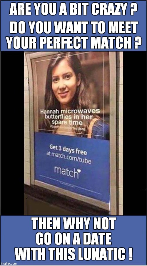 WTF Hannah ! | ARE YOU A BIT CRAZY ? DO YOU WANT TO MEET YOUR PERFECT MATCH ? THEN WHY NOT GO ON A DATE WITH THIS LUNATIC ! | image tagged in match,dating,lunatic,dark humour | made w/ Imgflip meme maker