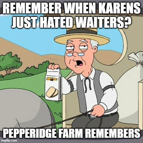 Pepperidge Farm Remembers | REMEMBER WHEN KARENS JUST HATED WAITERS? PEPPERIDGE FARM REMEMBERS | image tagged in memes,pepperidge farm remembers,karen,waiter hater | made w/ Imgflip meme maker