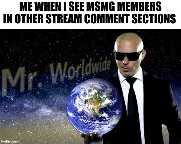 MSMG IS WORLDWIDE  LESS GOOOO | ME WHEN I SEE MSMG MEMBERS IN OTHER STREAM COMMENT SECTIONS | image tagged in mr worldwide | made w/ Imgflip meme maker