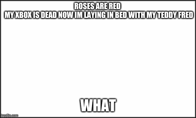 new roses song | ROSES ARE RED 
 MY XBOX IS DEAD NOW IM LAYING IN BED WITH MY TEDDY FRED; WHAT | image tagged in plain white | made w/ Imgflip meme maker