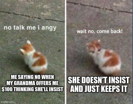 this happened once |  SHE DOESN'T INSIST AND JUST KEEPS IT; ME SAYING NO WHEN MY GRANDMA OFFERS ME $100 THINKING SHE'LL INSIST | image tagged in no talk me i angy wait no come back | made w/ Imgflip meme maker