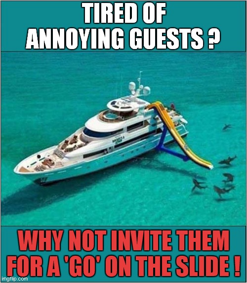 Fun, Happy Slide ! | TIRED OF ANNOYING GUESTS ? WHY NOT INVITE THEM FOR A 'GO' ON THE SLIDE ! | image tagged in slide,sharks,dark humour | made w/ Imgflip meme maker