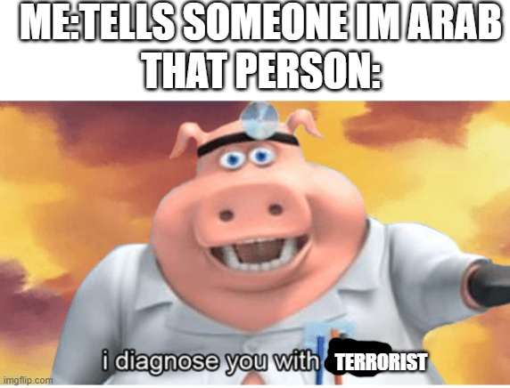 I DIAGNOSE YOU WITH TERRORIST | ME:TELLS SOMEONE IM ARAB; THAT PERSON:; TERRORIST | image tagged in i diagnose you with dead | made w/ Imgflip meme maker