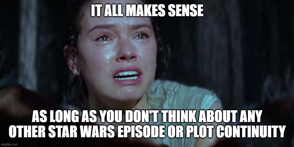 Star Wars Rey Crying | IT ALL MAKES SENSE AS LONG AS YOU DON'T THINK ABOUT ANY OTHER STAR WARS EPISODE OR PLOT CONTINUITY | image tagged in star wars rey crying | made w/ Imgflip meme maker