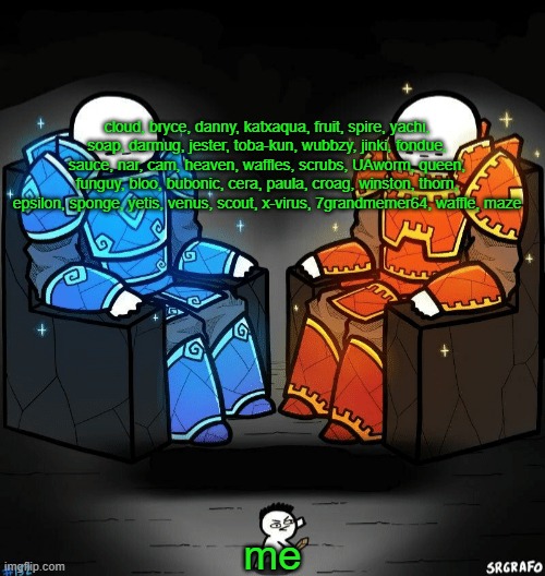 giants of msmg | cloud, bryce, danny, katxaqua, fruit, spire, yachi, soap, darmug, jester, toba-kun, wubbzy, jinki, fondue, sauce, nar, cam, heaven, waffles, scrubs, UAworm, queen, funguy, bloo, bubonic, cera, paula, croag, winston, thorn, epsilon, sponge, yetis, venus, scout, x-virus, 7grandmemer64, waffle, maze; me | image tagged in two giants looking at a small guy | made w/ Imgflip meme maker