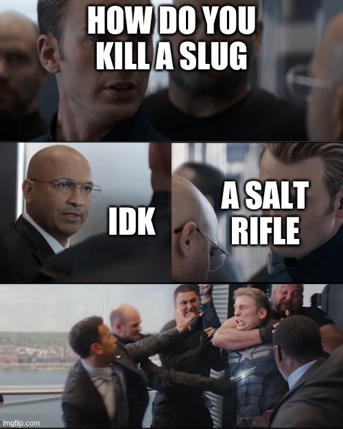 Captian America being beated | HOW DO YOU KILL A SLUG; IDK; A SALT RIFLE | image tagged in captian america being beated | made w/ Imgflip meme maker