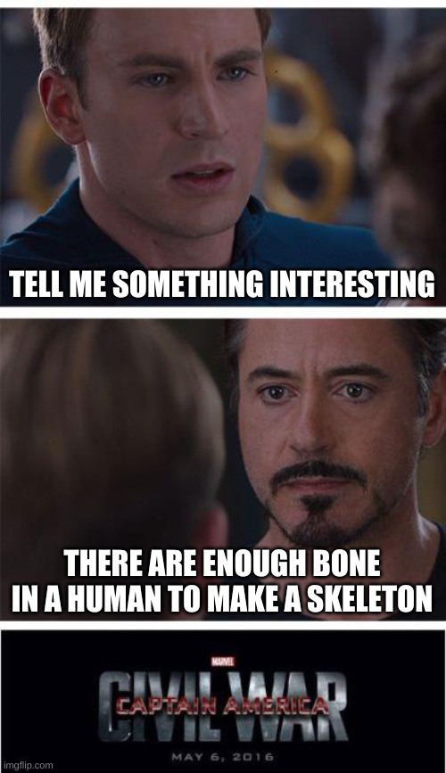 Marvel Civil War 1 Meme | TELL ME SOMETHING INTERESTING; THERE ARE ENOUGH BONE IN A HUMAN TO MAKE A SKELETON | image tagged in memes,marvel civil war 1 | made w/ Imgflip meme maker
