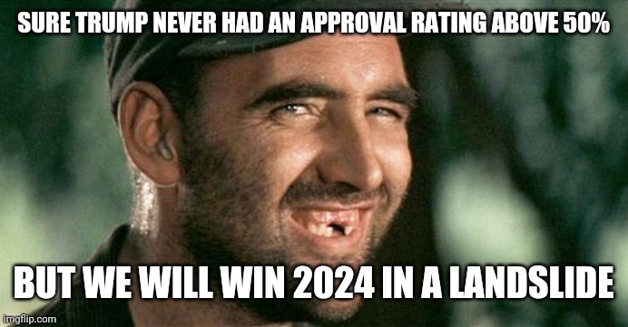 Deliverance HIllbilly |  SURE TRUMP NEVER HAD AN APPROVAL RATING ABOVE 50%; BUT WE WILL WIN 2024 IN A LANDSLIDE | image tagged in deliverance hillbilly | made w/ Imgflip meme maker