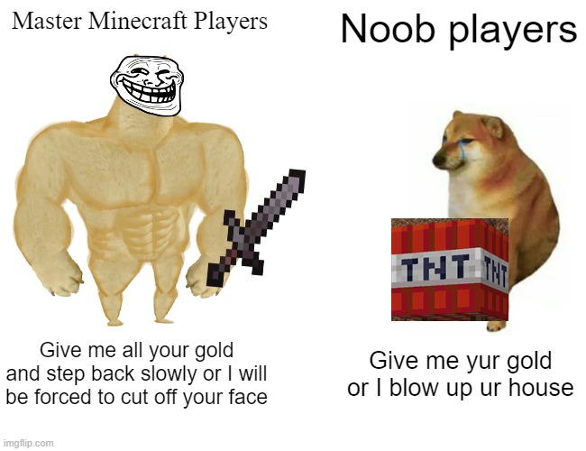 I'm the Master Minecraft Player |  Master Minecraft Players; Noob players; Give me all your gold and step back slowly or I will be forced to cut off your face; Give me yur gold or I blow up ur house | image tagged in memes,buff doge vs cheems | made w/ Imgflip meme maker