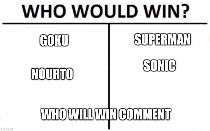 who will win | SUPERMAN; GOKU; SONIC; NOURTO; WHO WILL WIN COMMENT | image tagged in memes,who would win | made w/ Imgflip meme maker