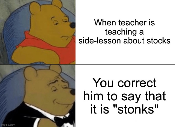 Stonks not stocks | When teacher is teaching a side-lesson about stocks You correct him to say that it is "stonks" | image tagged in memes,tuxedo winnie the pooh,stonks,stonks not stonks,awesome | made w/ Imgflip meme maker