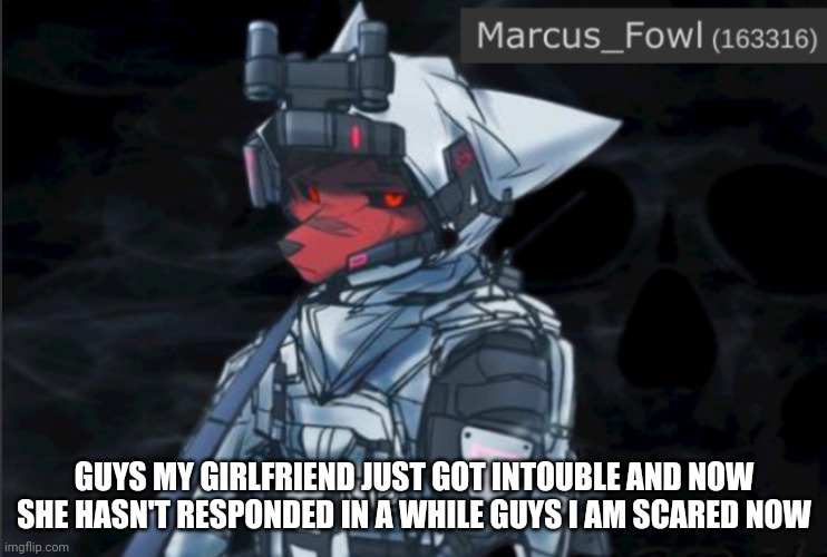 ....... | GUYS MY GIRLFRIEND JUST GOT INTOUBLE AND NOW SHE HASN'T RESPONDED IN A WHILE GUYS I AM SCARED NOW | image tagged in marcus_fowl announcement template | made w/ Imgflip meme maker