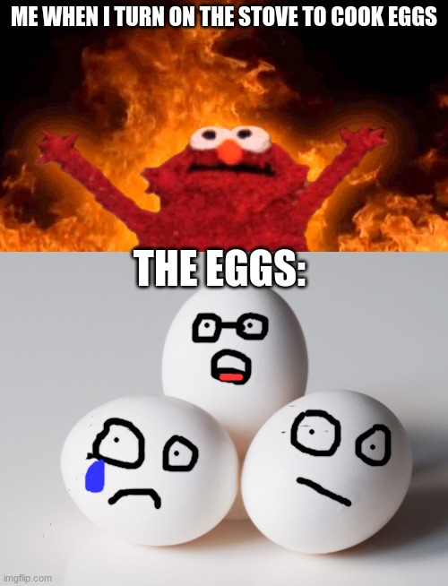 i suc at being chef | ME WHEN I TURN ON THE STOVE TO COOK EGGS; THE EGGS: | image tagged in elmo fire,uh oh,certified bruh moment,eggz | made w/ Imgflip meme maker