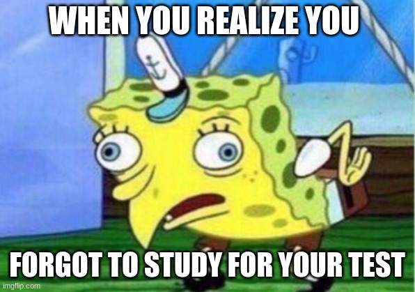 I do it alot. *oof* | WHEN YOU REALIZE YOU; FORGOT TO STUDY FOR YOUR TEST | image tagged in memes,mocking spongebob,test,school | made w/ Imgflip meme maker