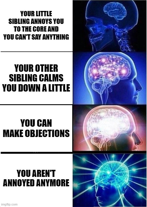 Sibling brain | YOUR LITTLE SIBLING ANNOYS YOU TO THE CORE AND YOU CAN'T SAY ANYTHING; YOUR OTHER SIBLING CALMS YOU DOWN A LITTLE; YOU CAN MAKE OBJECTIONS; YOU AREN'T ANNOYED ANYMORE | image tagged in memes,expanding brain | made w/ Imgflip meme maker