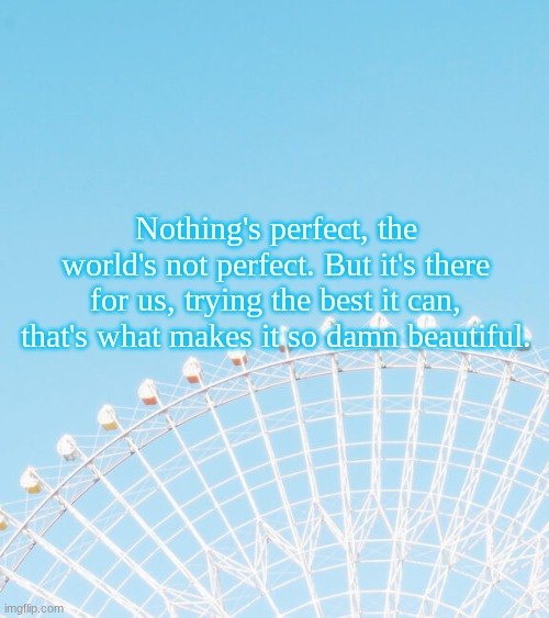 Nothing's perfect, the world's not perfect. But it's there for us, trying the best it can, that's what makes it so damn beautiful. | made w/ Imgflip meme maker