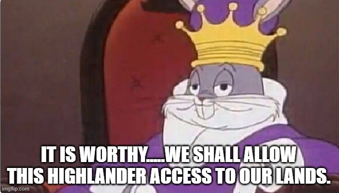 Bugs Bunny King | IT IS WORTHY.....WE SHALL ALLOW THIS HIGHLANDER ACCESS TO OUR LANDS. | image tagged in bugs bunny king | made w/ Imgflip meme maker