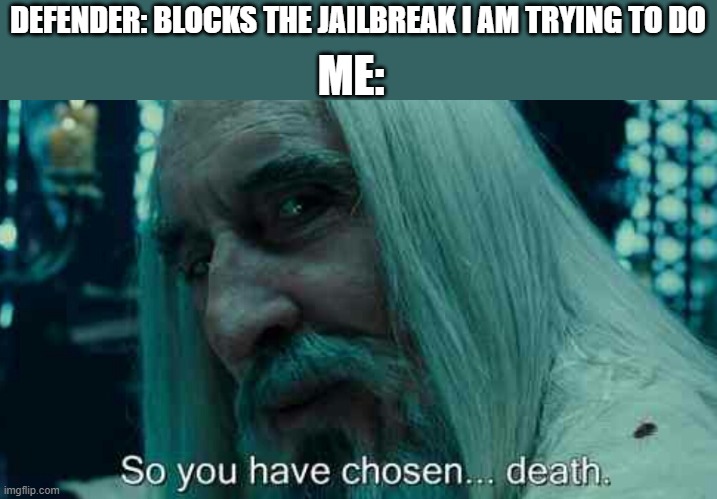 defender needs to shut it | ME:; DEFENDER: BLOCKS THE JAILBREAK I AM TRYING TO DO | image tagged in so you have chosen death | made w/ Imgflip meme maker