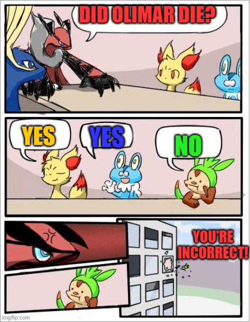 Olimar DID die! | DID OLIMAR DIE? YES; YES; NO; YOU'RE INCORRECT! | image tagged in pokemon board meeting,pikmin,olimar died,memes | made w/ Imgflip meme maker