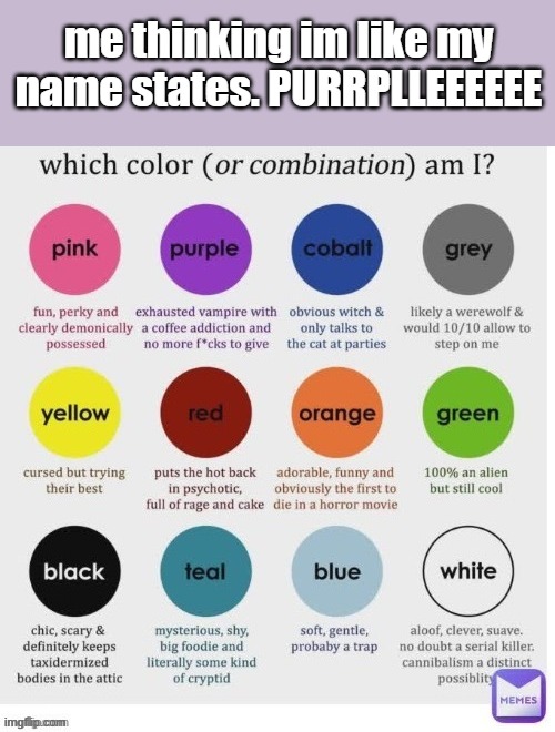 me thinking im like my name states. PURRPLLEEEEEE | made w/ Imgflip meme maker