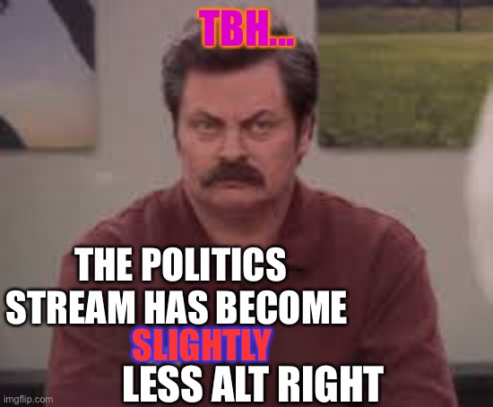 Ron Swanson TBH | TBH... THE POLITICS STREAM HAS BECOME; SLIGHTLY; LESS ALT RIGHT | image tagged in ron swanson tbh | made w/ Imgflip meme maker