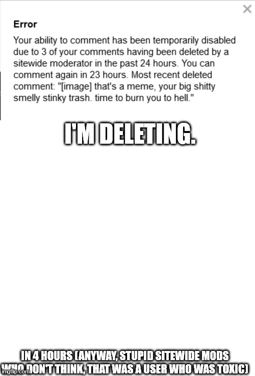 D:< ok that's it, I am commiting delete | I'M DELETING. IN 4 HOURS (ANYWAY, STUPID SITEWIDE MODS WHO DON'T THINK, THAT WAS A USER WHO WAS TOXIC) | image tagged in memes,blank transparent square | made w/ Imgflip meme maker