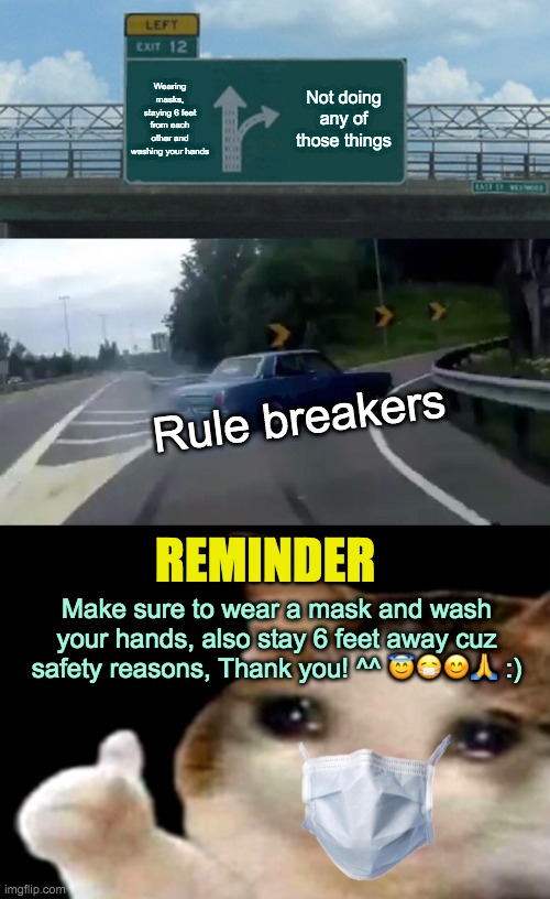 Wearing masks, staying 6 feet from each other and washing your hands; Not doing any of those things; Rule breakers; REMINDER; Make sure to wear a mask and wash your hands, also stay 6 feet away cuz safety reasons, Thank you! ^^ 😇😷😊🙏 :) | image tagged in memes,left exit 12 off ramp,sad cat thumbs up | made w/ Imgflip meme maker