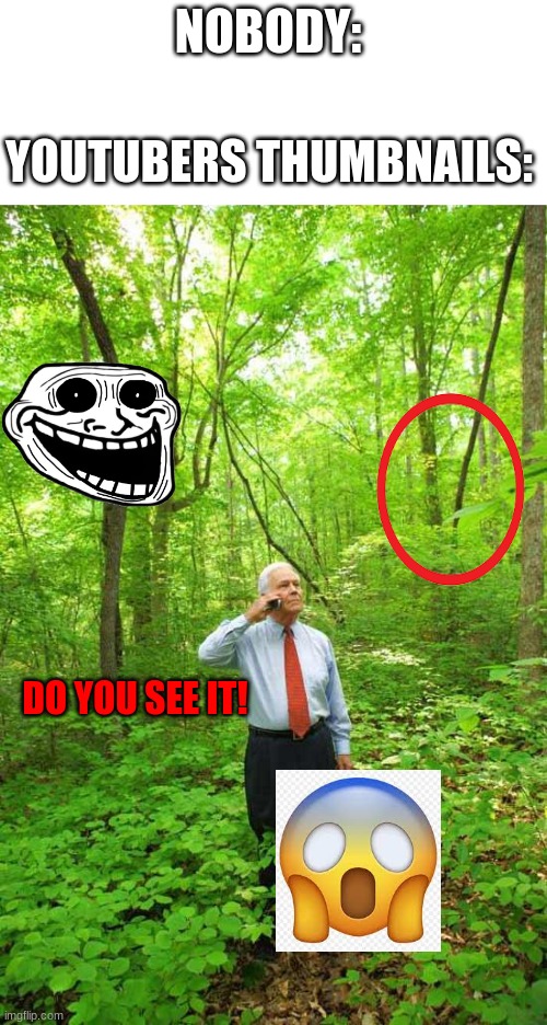 Lost in the Woods | NOBODY:; YOUTUBERS THUMBNAILS:; DO YOU SEE IT! | image tagged in lost in the woods | made w/ Imgflip meme maker
