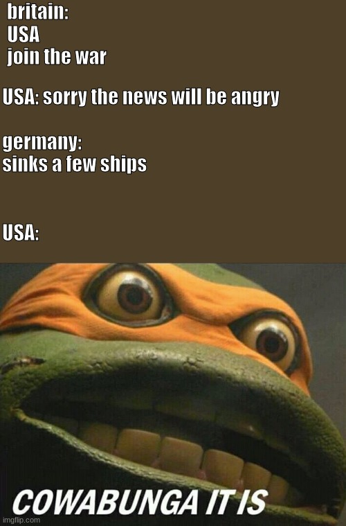 technically the truth | britain: USA join the war; USA: sorry the news will be angry; germany: sinks a few ships; USA: | image tagged in cowabunga it is | made w/ Imgflip meme maker