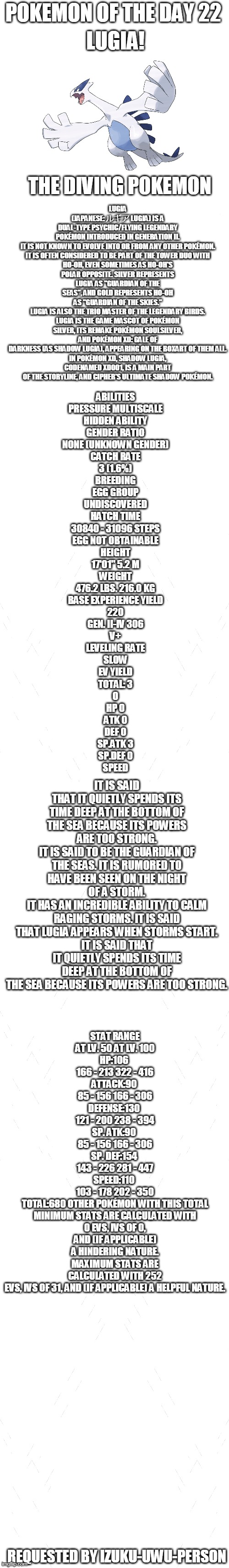 pokemon of the day 22 | POKEMON OF THE DAY 22; LUGIA! LUGIA (JAPANESE: ルギア LUGIA) IS A DUAL-TYPE PSYCHIC/FLYING LEGENDARY POKÉMON INTRODUCED IN GENERATION II.

IT IS NOT KNOWN TO EVOLVE INTO OR FROM ANY OTHER POKÉMON.

IT IS OFTEN CONSIDERED TO BE PART OF THE TOWER DUO WITH HO-OH, EVEN SOMETIMES AS HO-OH'S POLAR OPPOSITE. SILVER REPRESENTS LUGIA AS "GUARDIAN OF THE SEAS", AND GOLD REPRESENTS HO-OH AS "GUARDIAN OF THE SKIES." LUGIA IS ALSO THE TRIO MASTER OF THE LEGENDARY BIRDS.

LUGIA IS THE GAME MASCOT OF POKÉMON SILVER, ITS REMAKE POKÉMON SOULSILVER, AND POKÉMON XD: GALE OF DARKNESS (AS SHADOW LUGIA), APPEARING ON THE BOXART OF THEM ALL.

IN POKÉMON XD, SHADOW LUGIA, CODENAMED XD001, IS A MAIN PART OF THE STORYLINE, AND CIPHER'S ULTIMATE SHADOW POKÉMON. THE DIVING POKEMON; ABILITIES
PRESSURE	MULTISCALE
HIDDEN ABILITY
GENDER RATIO
NONE (UNKNOWN GENDER)
CATCH RATE
3 (1.6%)
BREEDING
EGG GROUP
UNDISCOVERED
HATCH TIME
30840 - 31096 STEPS
EGG NOT OBTAINABLE
HEIGHT
17'01"	5.2 M
WEIGHT
476.2 LBS.	216.0 KG
BASE EXPERIENCE YIELD
220
GEN. II-IV	306
V+
LEVELING RATE
SLOW
EV YIELD
TOTAL: 3
0
HP	0
ATK	0
DEF	0
SP.ATK	3
SP.DEF	0
SPEED; IT IS SAID THAT IT QUIETLY SPENDS ITS TIME DEEP AT THE BOTTOM OF THE SEA BECAUSE ITS POWERS ARE TOO STRONG.
IT IS SAID TO BE THE GUARDIAN OF THE SEAS. IT IS RUMORED TO HAVE BEEN SEEN ON THE NIGHT OF A STORM.
IT HAS AN INCREDIBLE ABILITY TO CALM RAGING STORMS. IT IS SAID THAT LUGIA APPEARS WHEN STORMS START.
IT IS SAID THAT IT QUIETLY SPENDS ITS TIME DEEP AT THE BOTTOM OF THE SEA BECAUSE ITS POWERS ARE TOO STRONG. STAT	RANGE
AT LV. 50	AT LV. 100
HP:106	
166 - 213	322 - 416
ATTACK:90	
85 - 156	166 - 306
DEFENSE:130	
121 - 200	238 - 394
SP. ATK:90	
85 - 156	166 - 306
SP. DEF:154	
143 - 226	281 - 447
SPEED:110	
103 - 178	202 - 350
TOTAL:680	OTHER POKÉMON WITH THIS TOTAL
MINIMUM STATS ARE CALCULATED WITH 0 EVS, IVS OF 0, AND (IF APPLICABLE) A HINDERING NATURE.
MAXIMUM STATS ARE CALCULATED WITH 252 EVS, IVS OF 31, AND (IF APPLICABLE) A HELPFUL NATURE. REQUESTED BY IZUKU-UWU-PERSON | image tagged in blank white template,pokemon,pokemon of the day | made w/ Imgflip meme maker